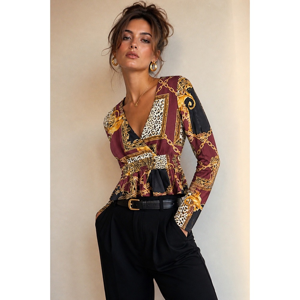 Vintage 90s Guess Peplum Mesh Top Size XS Baroque Leopard Animal Chic Old Money